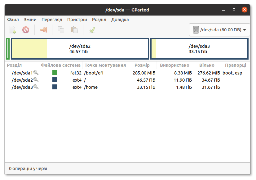 Результат розмітки диску з розділом ESP для UEFI в Ubuntu у програмі GParted