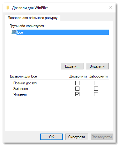 Дозволи для ресурсу WinFiles у Windows